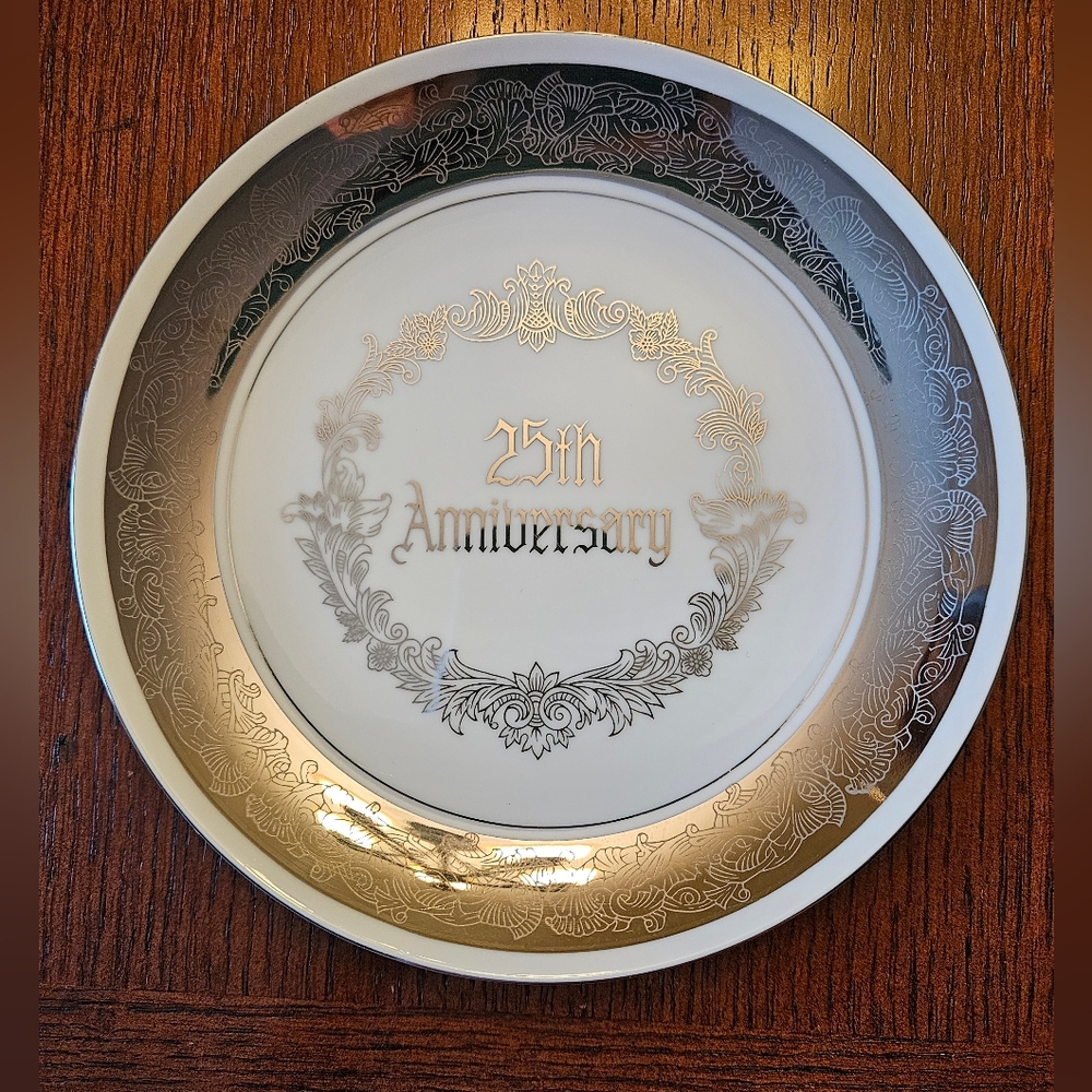 Vintage 25th Anniversary Wishes  Porcelain Plate Silver / White.